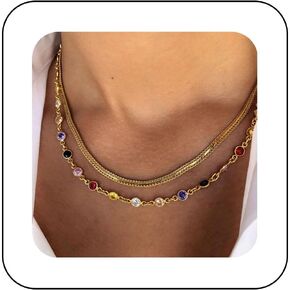 Boho Colorful Rhinestone Necklace Choker Layered Rainbow Crystal Necklace Chain Multi Color Necklaces Gold Snake Chain Necklace Jewelry for Women and Girls