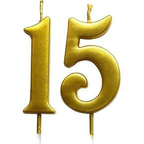 MAGJUCHE Gold 15th Birthday Numeral Candle, Number 15 Cake Topper Candles Party Decoration for Girl Or Boy