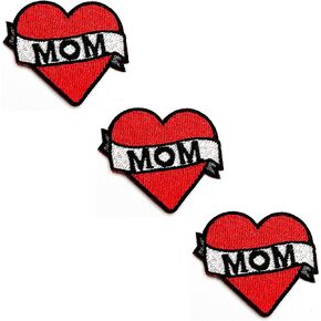 HHO Patch Set 3 Pieces. Mini Heart Red Patches I Love My Mom Cartoon Stickers Embroidery Jacket T Shirt Patch Sew Iron on Embroidered Badge Sign Clothing