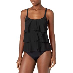 Fleet Street Ltd. Women's Standard Swim TOP with Multi Ruffle Layers Solid Shoulder Straps, Black, 14