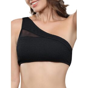 One Shoulder Bikini Swimsuit Top Ribbed Padded Bathing Suit Bandeau Top