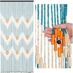 Beaded Curtain for Doorway Handmade Bamboo Wooden Door Beads Hanging Room Divider Hippie Curtain for Hallway Window Boho Rustic Home Store Decor, 35.5 x 75 Inches Blue