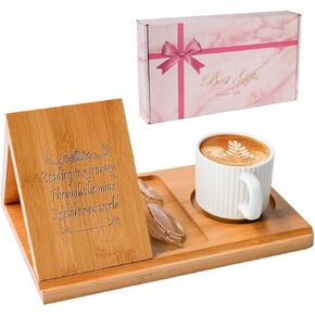 Bamboo Book Rest Stand,Triangle Book Holder,Book Nook Reading Valet with Cup Holder,Book Page Holder for Bedroom,Book Lovers Gifts for Birthday,Unique Father's Day Gifts