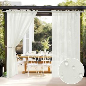 MIULEE Outdoor Sheer Curtain for Patio Waterproof - 2 Panels Ivory Privacy Drape Voile Curtain Rod Pocket for Porch,Pergola, Cabana, Gazebo, 54 X 96 Inch Long