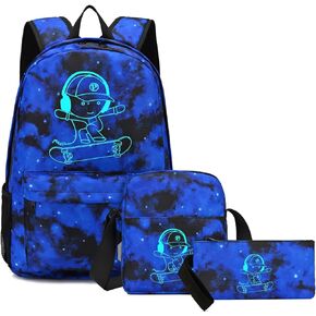 Skateboard Anime Luminous School Backpack with USB Charging Port, Anti Theft Lock, Sling Bag & Pencil Case for Teen Boys and Girls, College Bookbag Lightweight Laptop Bag, Blue