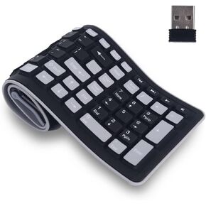 2.4G Wireless Silicone Keyboard, Portable Keyboard for Laptop, PC, Notebook and Travel, Flexible Foldable and Rollup Keyboard, Waterproof, Dustproof, Full Size 107 Keys Black