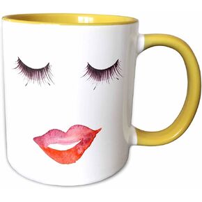 3dRose Eyelashes and Lips, Yellow Mug, 11 oz