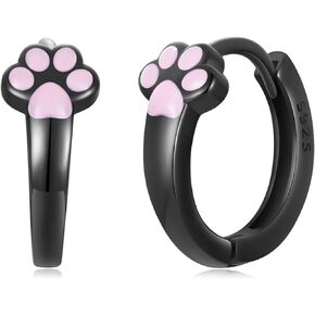 Cute Pink Kitten Paw Print Hoop Earrings for Women Girls 925 Sterling Silver Cat Dog Puppy Animal Pet Cartilage Small Huggie Dangle Drop Earring Fashion Black Gold Plated Jewelry Birthday Christmas