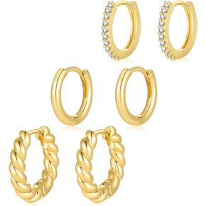 Gold Hoop Earring Set for Women, 18K Gold Plated Dainty Small Huggie Earrings for Multiple Piercing With 925 Sterling Silver Post, Trendy Cartilage Earrings for Girls 3 Pairs