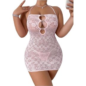 SHENHE Women's Plus Size Lace Rhinestone Hollow Out Halter Babydoll Lingerie Dress and Thong Set
