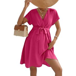 OYOANGLE Women's Maternity Short Sleeve Wrapped V Neck Belted Dress High Waist Flared A Line Short Dresses
