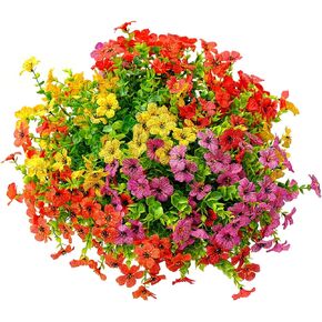 Outdoor Artificial Flowers, 8 Bundles Fake Flowers Summer Decoration, No Fade Faux Plastic Shrubs for Garden Patio Porch Window Box Decor (Fuchisa, Yellow, Hyacinth, Siam)