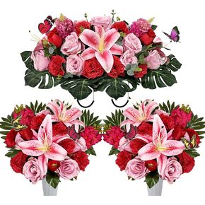 Handmade Cemetery Flowers for Grave Decor, Artificial Headstone Flower Saddle and 2 Tombstone Bouquets, Bright and Colorfast,Easy Fit,Silk Pink Rose Lily/Red Carnation Tulip