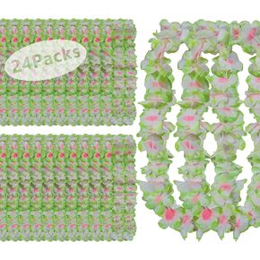 24Counts Thickened Hawaiian Leis Bulk, Mardi Gras Decorations Tropical Flower Necklace Leis Orange for Luau Party, Hawaii Floral Garland Hula Dance Party Graduation Leis Birthday Beach Wedding Favors