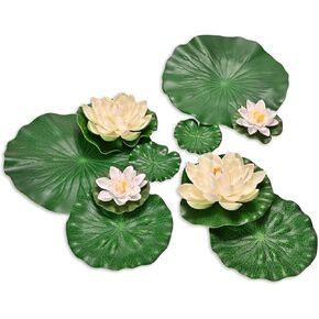 Fake Lily Pads, 10 PCS Artificial Lotus with Water Lily Pad, Realistic Water Floating Foam Lotuses Lily Pads, Artificial Floating Lotus Decor with Lily Pad for Home Outdoor Ponds