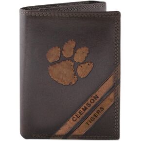 NCAA Clemson Tigers Zep-Pro Pull-Up Leather Trifold Embossed Wallet, Brown