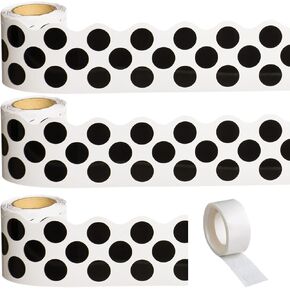99 Feet Black and White Polka Dot Bulletin Board Borders 3 Rolls Decorative Polka Dot Scalloped Rolled Border Trim Classroom Bulletin Board Trim for Back to School, Home Classroom Office Decoration