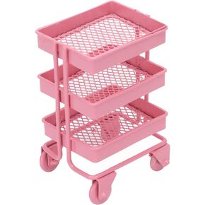 1:12 Miniature Dollhouse Handcart Mini Shopping Cart 3 Layers Storage Display Shelf with Wheels Kitchen Furniture Decoration(Pink)