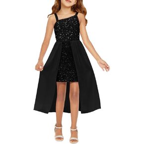 Haloumoning Girls Sequin Dress Kids Formal Sparkly One Shoulder Prom Party Dresses 4-14 Years