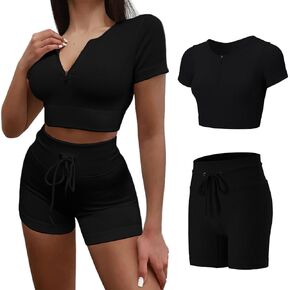 Women's Fitness Clothing Gym Outfit and Yoga Workout Set Crop Top and High Waisted Legging Shorts 2 Piece Set