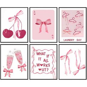6Pcs Trendy Pink Bows Wall Art, Coquette Posters for Room Decor Aesthetic Watercolor Light Pink Bow Canvas Prints Preppy Wall Decor Pictures for Girly College Apartment Decoration, Unframed (Pink, 8x10in poster)