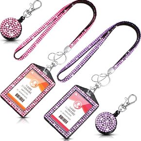 Rhinestone Lanyard Bling ID Card Holder 2 Sets Crystal ID Card Holder Retractable ID Badges Lanyards for Women Nurse Teacher (Pink, Purple,Vertical Style)
