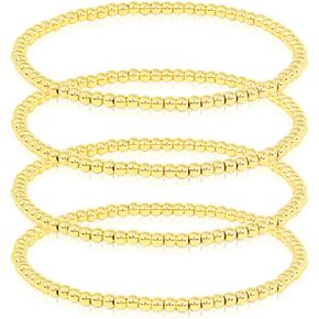 SM Stainless Steel Gold Silver Rose Gold Beaded Ball Bracelets Set for Women Stretchable Elastic Bracelet (Set 4pcs - 3mm Solid Gold)