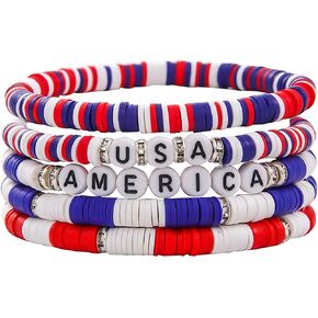4th of July Bracelets for Women Girls Red White and Blue Bracelets USA Clay Bead Bracelet American Flag Bracelets Patriotic Beaded Stackable Bracelet Bracelet Set for Men