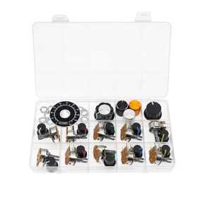 (Pack of 10) WH148 Horizontal Single Turn 5 Pins Potentiometer with Switch B20K 20K Ohm Variable Resistors 15mm knurled Shaft Aluminum Alloy Knob Caps