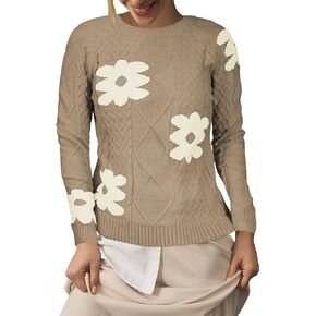 Cakulo Womens 2024 Fall Pullover Sweaters Cable Knit Vintage Flower Sweater Trendy Long Sleeve Fitted Tops
