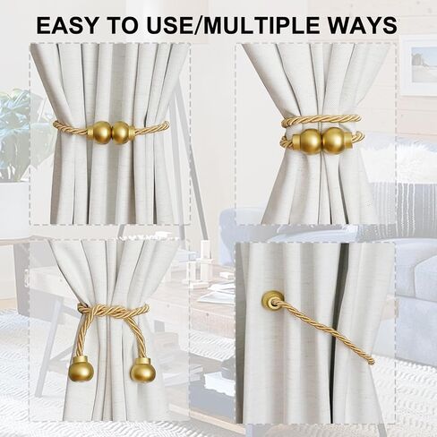 2 Pack Magnetic Curtain Tiebacks Modern Handmade Rope Curtain Tie Backs Decorative Drapes Weave Holdbacks for Home Outdoor Bedroom Office Decorative Curtain, Gold in Saudi Arabia