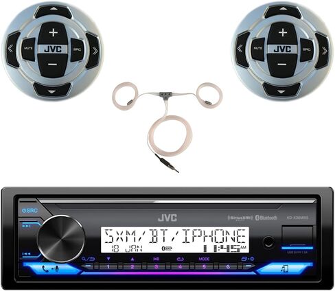 جهاز استقبال ستيريو بلوتوث JVC Single DIN Marine USB/AUX مع جهاز تحكم عن بعد سلكي 2X، وهوائي 22 بوصة in Saudi Arabia