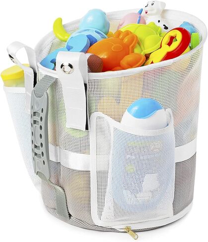 منظم ألعاب حمام شبكي سريع المغرفة لحوض الاستحمام بسحاب YKK، طرق متعددة للتعليق، سعة كبيرة جدًا وفتحة كبيرة، حامل ألعاب الحمام، حقيبة تخزين ألعاب حمام الأطفال مع جيبين جانبيين (أبيض) in Kuwait