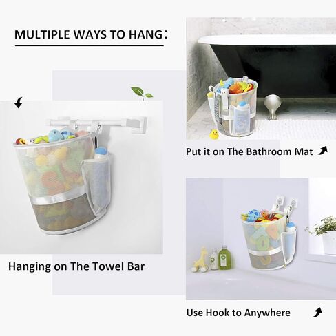 منظم ألعاب حمام شبكي سريع المغرفة لحوض الاستحمام بسحاب YKK، طرق متعددة للتعليق، سعة كبيرة جدًا وفتحة كبيرة، حامل ألعاب الحمام، حقيبة تخزين ألعاب حمام الأطفال مع جيبين جانبيين (أبيض) in Kuwait