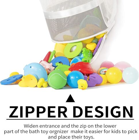 منظم ألعاب حمام شبكي سريع المغرفة لحوض الاستحمام بسحاب YKK، طرق متعددة للتعليق، سعة كبيرة جدًا وفتحة كبيرة، حامل ألعاب الحمام، حقيبة تخزين ألعاب حمام الأطفال مع جيبين جانبيين (أبيض) in Kuwait
