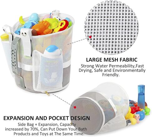 منظم ألعاب حمام شبكي سريع المغرفة لحوض الاستحمام بسحاب YKK، طرق متعددة للتعليق، سعة كبيرة جدًا وفتحة كبيرة، حامل ألعاب الحمام، حقيبة تخزين ألعاب حمام الأطفال مع جيبين جانبيين (أبيض) in Kuwait