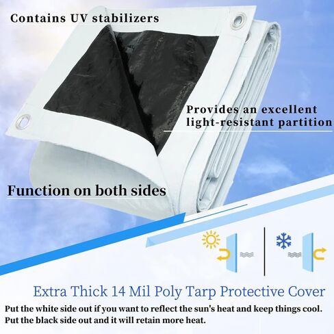 UCINNOVATE 10' x 10' قماش القنب عالي التحمل مقاوم للماء أبيض/أسود، غطاء قماش متين 14 مل مع الحلقات، غطاء ملاءة أرضية معززة مقاومة للأشعة فوق البنفسجية لحديقة الفناء أو الدفيئة أو القارب in Kuwait