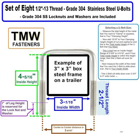 (8) 304 مسامير على شكل حرف U مربعة من الفولاذ المقاوم للصدأ بقطر 1/2 بوصة × عرض داخلي 3-1/16 بوصة × ارتفاع داخلي 4-5/16 بوصة مع صواميل قفل SS 304 وغسالات للقوارب ومقطورات المرافق المصنوعة في الولايات المتحدة الأمريكية. in Kuwait