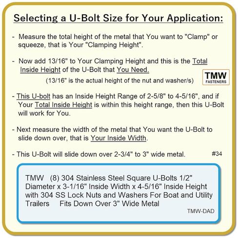 (8) 304 مسامير على شكل حرف U مربعة من الفولاذ المقاوم للصدأ بقطر 1/2 بوصة × عرض داخلي 3-1/16 بوصة × ارتفاع داخلي 4-5/16 بوصة مع صواميل قفل SS 304 وغسالات للقوارب ومقطورات المرافق المصنوعة في الولايات المتحدة الأمريكية. in Kuwait