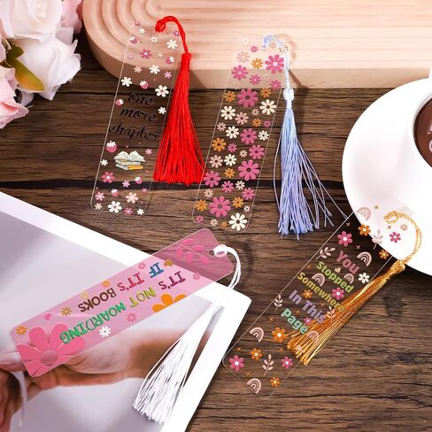 مجموعة فراغات الإشارات المرجعية من الأكريليك - 24 قطعة من ملصقات تغليف Boho Flower UV DTF 24 قطعة من الإشارات المرجعية المصنوعة من الأكريليك المستطيل الشفاف للنساء 24 قطعة من الشرابات الملونة إشارات مرجعية واضحة لعلامات الهدايا اليدوية اليدوية in Saudi Arabia