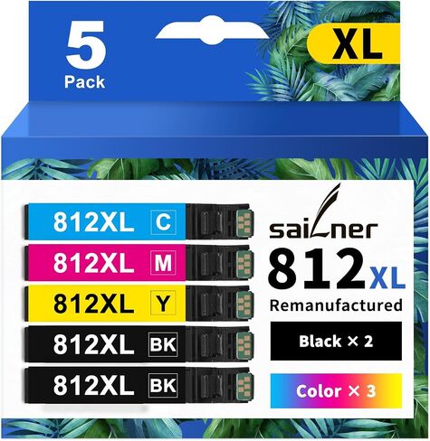 خرطوشة حبر SAILNER 812XL استبدال خرطوشة الحبر المعاد تصنيعها لخراطيش الحبر Epson 812XL حزمة كومبو لخراطيش الحبر Epson WF-7840 WF-7820 WF-7310، 5 عبوات لإبسون 812 XL in Saudi Arabia