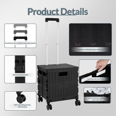 Folding Utility Cart, Portable Rolling Cart with 4 Rotate Wheels, Foldable Shopping Cart with Telescopic Handle for Grocery, Office, Storage, Made from Heavy Duty Plastic, Black in Saudi Arabia