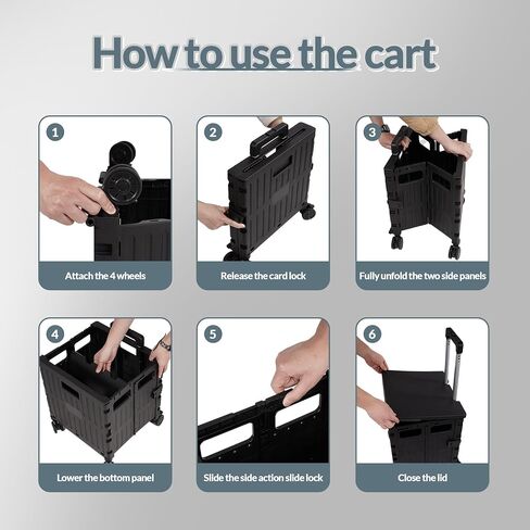 Folding Utility Cart, Portable Rolling Cart with 4 Rotate Wheels, Foldable Shopping Cart with Telescopic Handle for Grocery, Office, Storage, Made from Heavy Duty Plastic, Black in Saudi Arabia