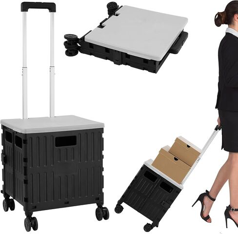 Folding Utility Cart, Portable Rolling Cart with 4 Rotate Wheels, Foldable Shopping Cart with Telescopic Handle for Grocery, Office, Storage, Made from Heavy Duty Plastic, Black in Saudi Arabia