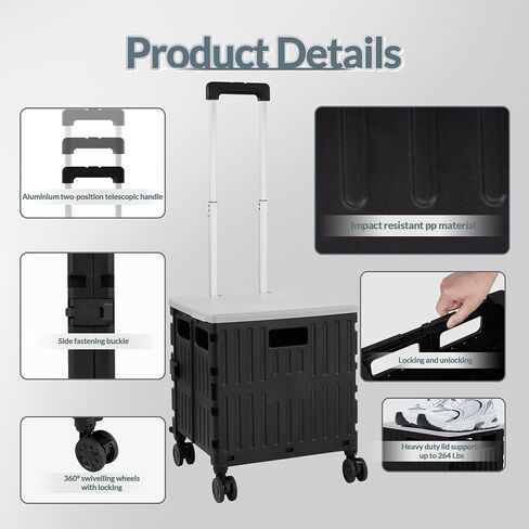 Folding Utility Cart, Portable Rolling Cart with 4 Rotate Wheels, Foldable Shopping Cart with Telescopic Handle for Grocery, Office, Storage, Made from Heavy Duty Plastic, Black in Saudi Arabia