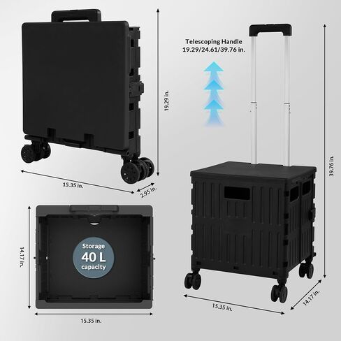 Folding Utility Cart, Portable Rolling Cart with 4 Rotate Wheels, Foldable Shopping Cart with Telescopic Handle for Grocery, Office, Storage, Made from Heavy Duty Plastic, Black in Saudi Arabia