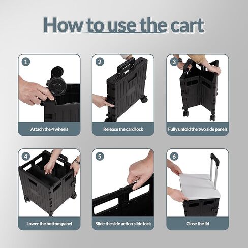 Folding Utility Cart, Portable Rolling Cart with 4 Rotate Wheels, Foldable Shopping Cart with Telescopic Handle for Grocery, Office, Storage, Made from Heavy Duty Plastic, Black in Saudi Arabia