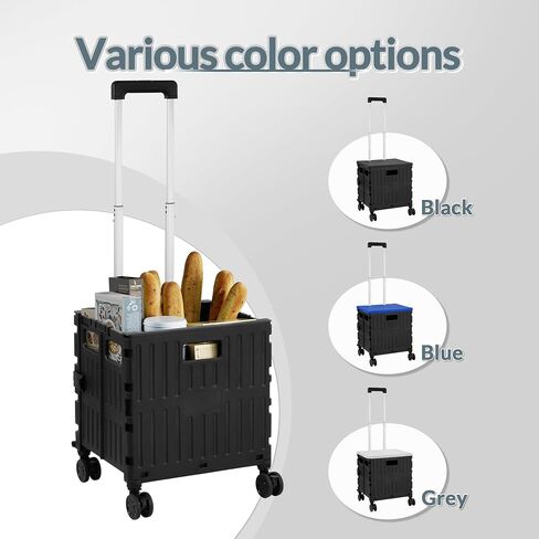 Folding Utility Cart, Portable Rolling Cart with 4 Rotate Wheels, Foldable Shopping Cart with Telescopic Handle for Grocery, Office, Storage, Made from Heavy Duty Plastic, Black in Saudi Arabia