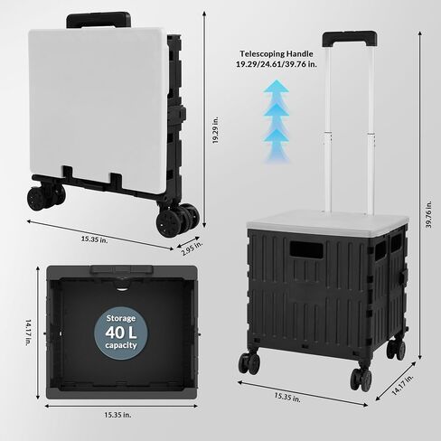 Folding Utility Cart, Portable Rolling Cart with 4 Rotate Wheels, Foldable Shopping Cart with Telescopic Handle for Grocery, Office, Storage, Made from Heavy Duty Plastic, Black in Saudi Arabia