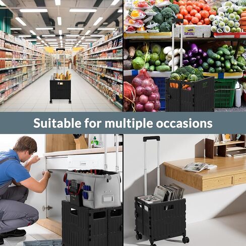 Folding Utility Cart, Portable Rolling Cart with 4 Rotate Wheels, Foldable Shopping Cart with Telescopic Handle for Grocery, Office, Storage, Made from Heavy Duty Plastic, Black in Saudi Arabia